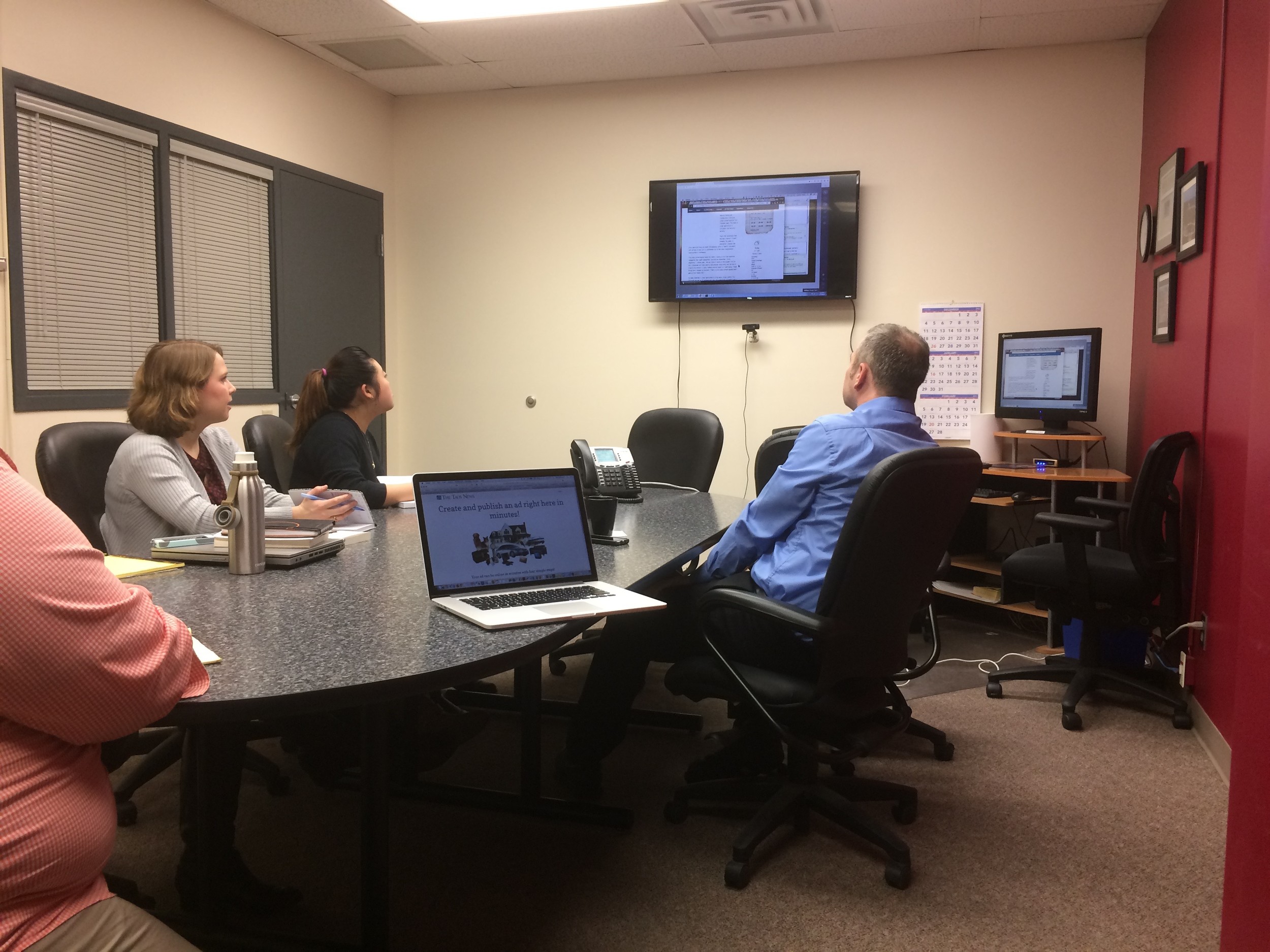 Reporters and editors at the Post Bulletin in Rochester, Minn., sit in on a creative writing webinar led by Creative Circle's writing coach, Carolyn Flynn.